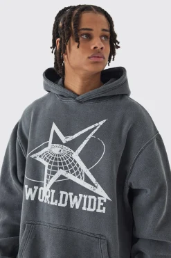 boohooMAN Oversized Washed Worldwide Print Hoodie | UK| Hoodies & Sweatshirts