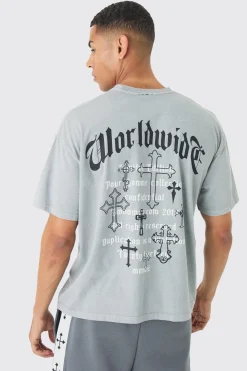 Oversized Washed Worldwide Cross Back Print T-Shirt | UK^boohooMAN Sale