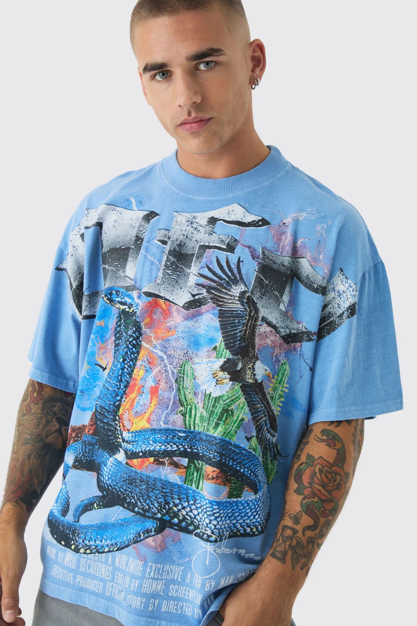 Oversized Western Vintage Cobra Large Scale Wash Print T-Shirt | UK^boohooMAN Outlet
