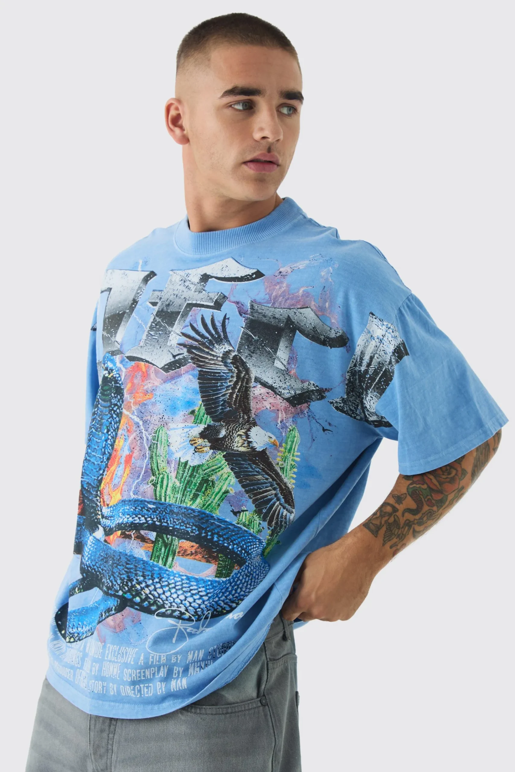 Oversized Western Vintage Cobra Large Scale Wash Print T-Shirt | UK^boohooMAN Outlet