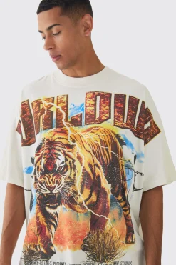 Oversized Western Worldwide Tiger Large Scale Wash Print T-Shirt | UK^boohooMAN
