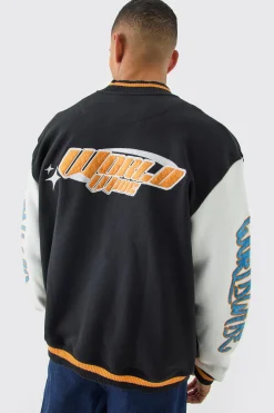 boohooMAN Oversized Worldwide Applique Jersey Bomber Jacket | UK| Coats & Jackets