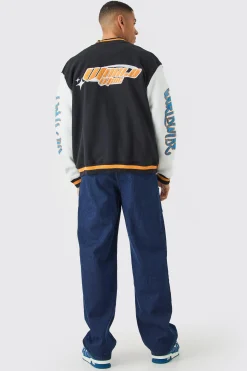 boohooMAN Oversized Worldwide Applique Jersey Bomber Jacket | UK| Coats & Jackets