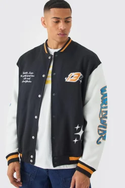 boohooMAN Oversized Worldwide Applique Jersey Bomber Jacket | UK| Coats & Jackets