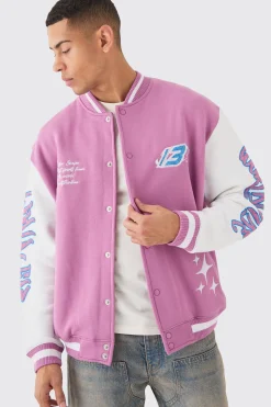 boohooMAN Oversized Worldwide Applique Jersey Bomber Jacket | UK| Coats & Jackets