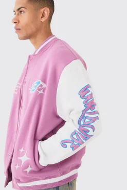 boohooMAN Oversized Worldwide Applique Jersey Bomber Jacket | UK| Coats & Jackets