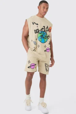 Oversized Worldwide Large Puff Print Tank & Shorts Set | UK^boohooMAN Online