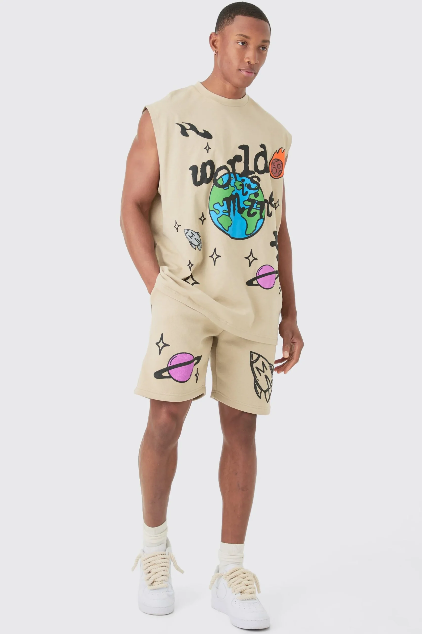 Oversized Worldwide Large Puff Print Tank & Shorts Set | UK^boohooMAN Online