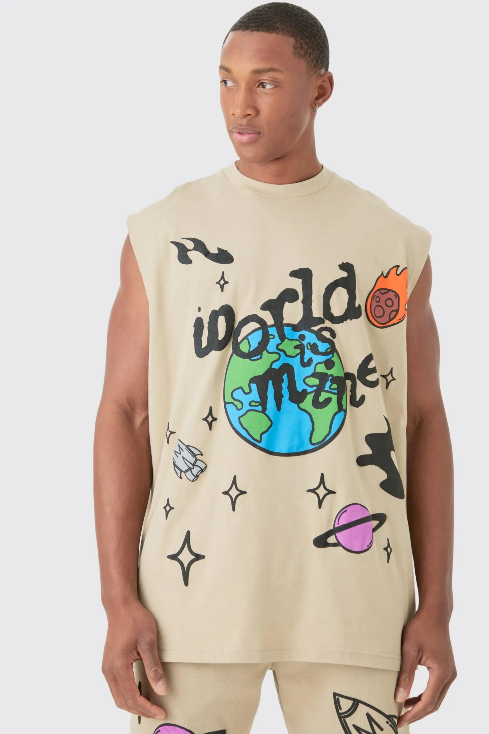 Oversized Worldwide Large Puff Print Tank & Shorts Set | UK^boohooMAN Online