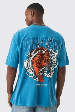 Oversized Worldwide Tiger Wash Graphic T-shirt | UK^boohooMAN Clearance