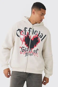 boohooMAN Oversized Zip Through OFFCL Heart Raw Edge Print Hoodie | UK| Hoodies & Sweatshirts