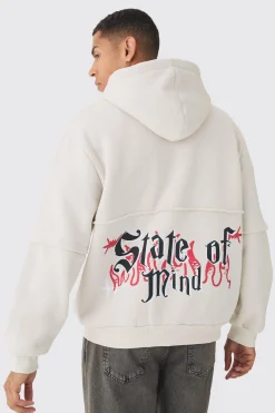 boohooMAN Oversized Zip Through OFFCL Heart Raw Edge Print Hoodie | UK| Hoodies & Sweatshirts