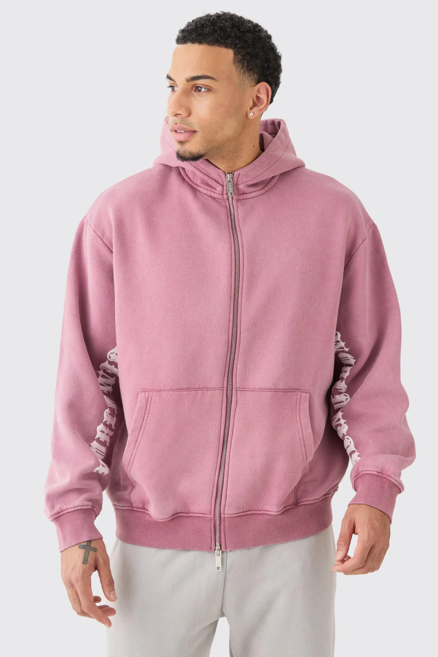 boohooMAN Oversized Zip Thru Funnel Neck Acid Wash Applique Hoodie | UK| Hoodies & Sweatshirts