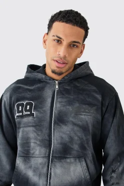 boohooMAN Oversized Zip Thru Heavy Washed Applique Hoodie | UK| Hoodies & Sweatshirts