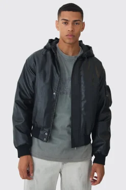 boohooMAN Padded Hooded PU Bomber In | UK| Coats & Jackets