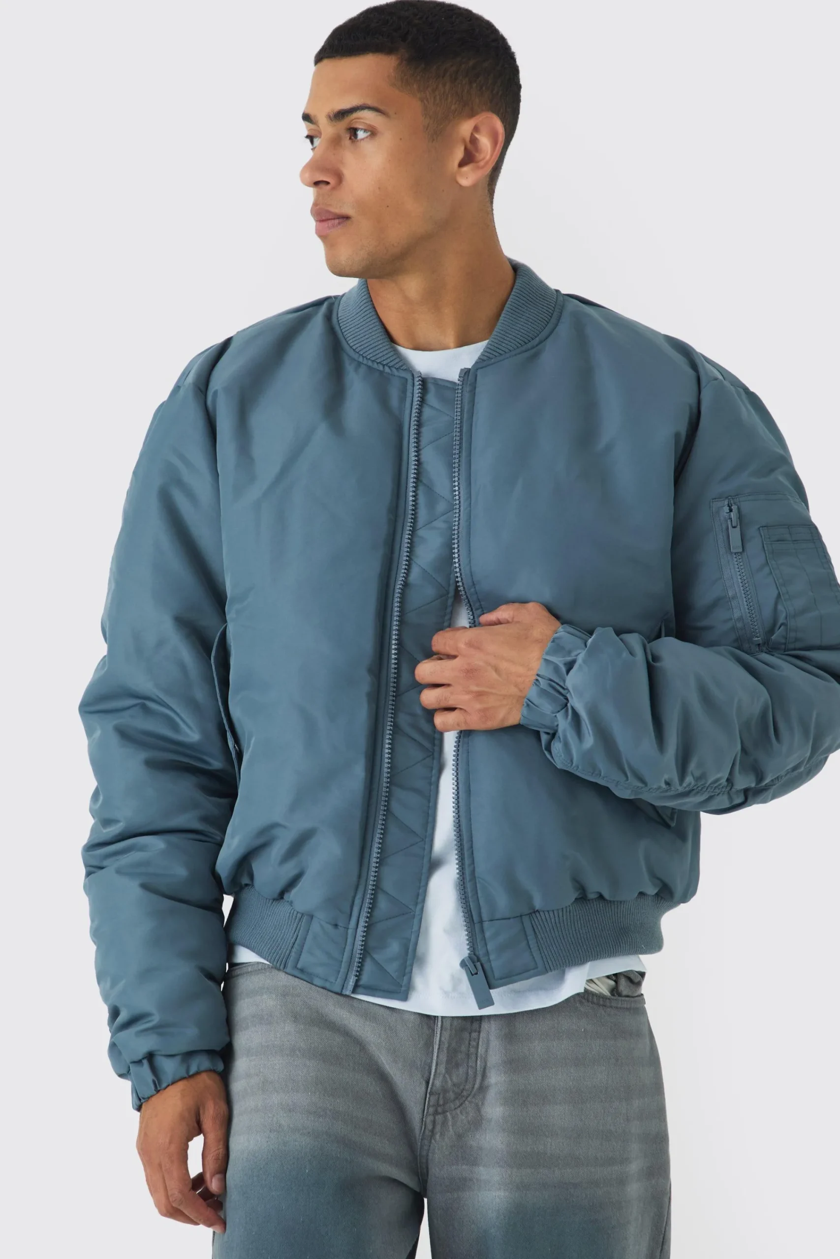 boohooMAN Padded Nylon Panelled Bomber Jacket In | UK| Coats & Jackets