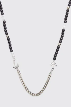 boohooMAN Palm Tree Charm Pearl Chain Necklace | UK| Jewellery & Watches