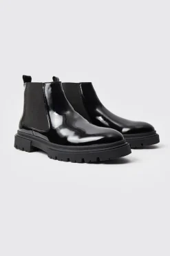boohooMAN Patent Chelsea Boots With Track Sole | UK| Boots