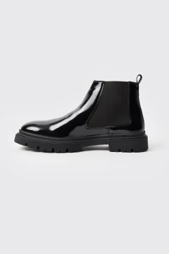 boohooMAN Patent Chelsea Boots With Track Sole | UK| Boots