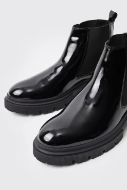 boohooMAN Patent Chelsea Boots With Track Sole | UK| Boots