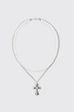 boohooMAN Pearl & Chain Necklace With Cross Pendant In | UK| Jewellery & Watches
