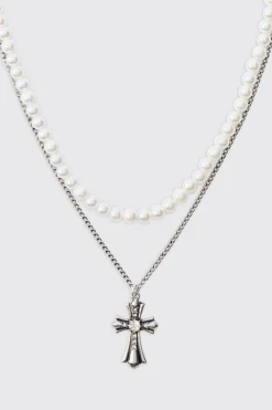 boohooMAN Pearl & Chain Necklace With Cross Pendant In | UK| Jewellery & Watches