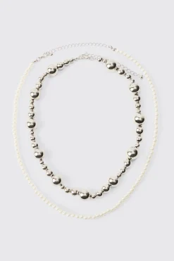 boohooMAN Pearl And Metal Bead Multi Layer Necklace | UK| Jewellery & Watches
