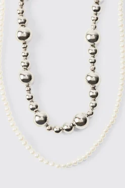 boohooMAN Pearl And Metal Bead Multi Layer Necklace | UK| Jewellery & Watches