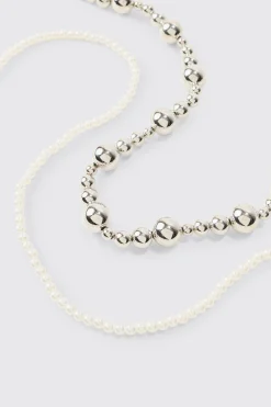 boohooMAN Pearl And Metal Bead Multi Layer Necklace | UK| Jewellery & Watches