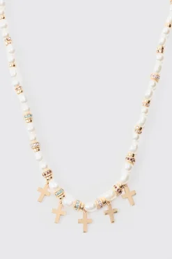 boohooMAN Pearl Bead Necklace With Cross Charms In | UK| Jewellery & Watches