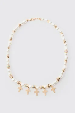 boohooMAN Pearl Bead Necklace With Cross Charms In | UK| Jewellery & Watches