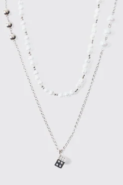 boohooMAN Pearl Chain And Dice Pendant Multi Layer Necklace | UK| Jewellery & Watches