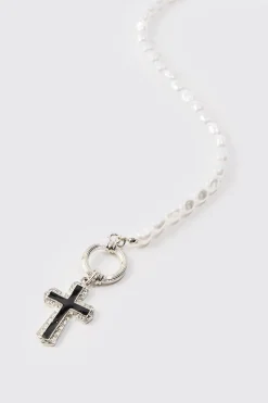 boohooMAN Pearl Cross Pendant Necklace In | UK| Jewellery & Watches