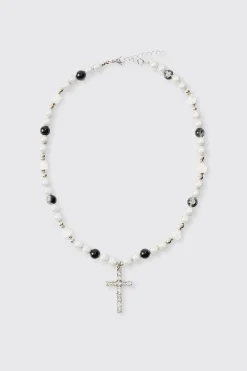 boohooMAN Pearl Cross Pendant Necklace | UK| Jewellery & Watches