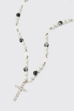 boohooMAN Pearl Cross Pendant Necklace | UK| Jewellery & Watches