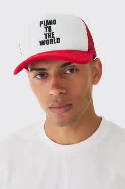 boohooMAN Piano To The World Embroidered Trucker Cap | UK| Hats & Caps