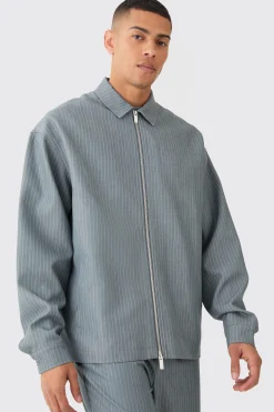 boohooMAN Pinstripe Relaxed Fit Longline Smart Harrington Jacket | UK| Suits & Tailoring