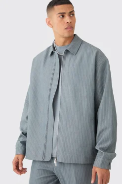 boohooMAN Pinstripe Relaxed Fit Longline Smart Harrington Jacket | UK| Suits & Tailoring