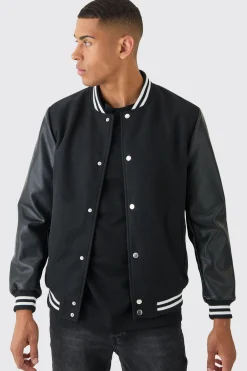 boohooMAN Plain Melton And Pu Sleeve Varsity Jacket In | UK| Coats & Jackets