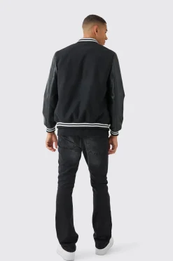 boohooMAN Plain Melton And Pu Sleeve Varsity Jacket In | UK| Coats & Jackets