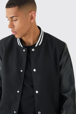 boohooMAN Plain Melton And Pu Sleeve Varsity Jacket In | UK| Coats & Jackets