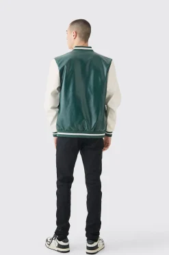 boohooMAN Plain PU Varsity Jacket In | UK| Coats & Jackets