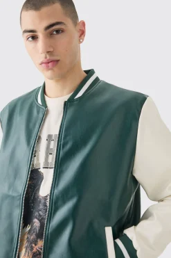 boohooMAN Plain PU Varsity Jacket In | UK| Coats & Jackets