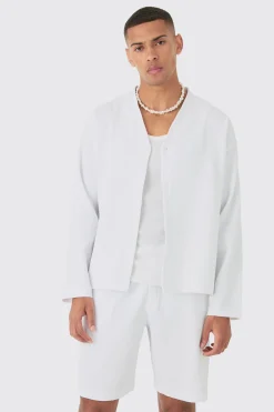 boohooMAN Pleated Longsleeve Collarless Boxy Shirt & Short Set | UK| Sets & Co-Ords