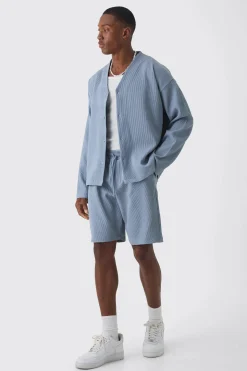 boohooMAN Pleated Longsleeve Collarless Boxy Shirt & Short Set | UK| Sets & Co-Ords