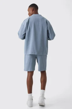 boohooMAN Pleated Longsleeve Collarless Boxy Shirt & Short Set | UK| Sets & Co-Ords