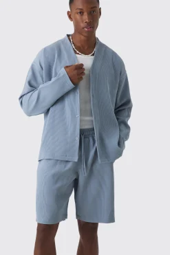 boohooMAN Pleated Longsleeve Collarless Boxy Shirt & Short Set | UK| Sets & Co-Ords