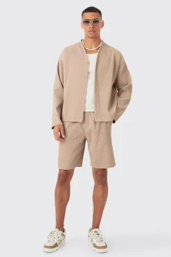 boohooMAN Pleated Longsleeve Collarless Boxy Shirt & Short Set | UK| Sets & Co-Ords