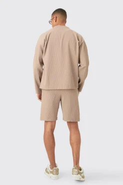 boohooMAN Pleated Longsleeve Collarless Boxy Shirt & Short Set | UK| Sets & Co-Ords