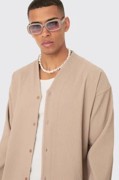 boohooMAN Pleated Longsleeve Collarless Boxy Shirt & Short Set | UK| Sets & Co-Ords